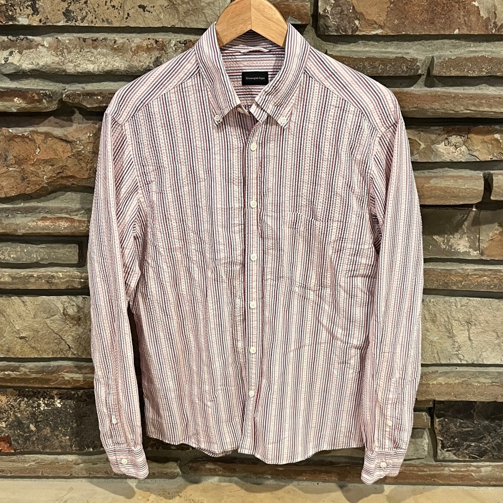 Ermenegildo Zegna Red & White Stripe Seersucker Slim Fit Shirt 100% Cotton
